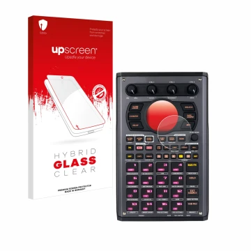 Parte frontal de un envase de producto con el logotipo de la marca upscreen. Al lado se muestra el dispositivo Roland SP-404MK