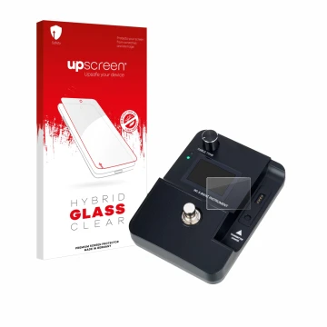Parte frontal de un envase de producto con el logotipo de la marca upscreen. Al lado se muestra el dispositivo Harley Benton A