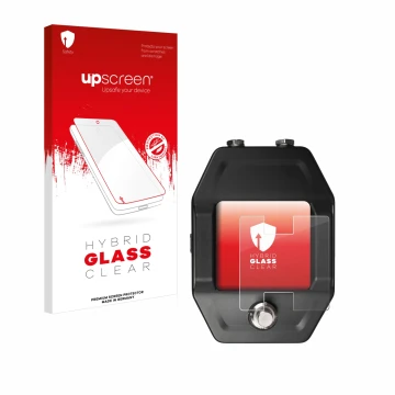 Parte frontal de un envase de producto con el logotipo de la marca upscreen. Al lado se muestra el dispositivo Shure GLXD16+ c