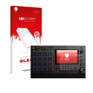 Parte frontal de un envase de producto con el logotipo de la marca upscreen. Al lado se muestra el dispositivo Akai MPC Live I