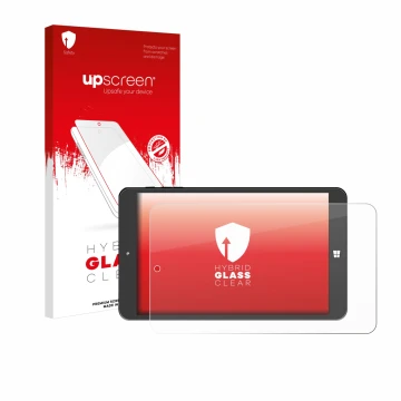 Parte frontal de un envase de producto con el logotipo de la marca upscreen. Al lado se muestra el dispositivo SZTPS Tablet 8