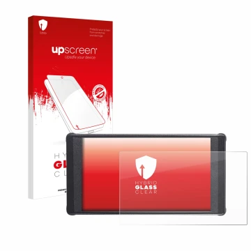 Parte frontal de un envase de producto con el logotipo de la marca upscreen. Al lado se muestra el dispositivo Portkeys PT6 co