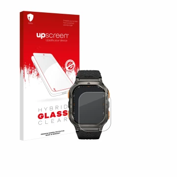 Parte frontal de un envase de producto con el logotipo de la marca upscreen. Al lado se muestra el dispositivo Kospet Tank M3 