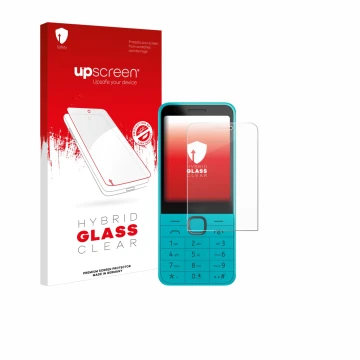 Parte frontal de un envase de producto con el logotipo de la marca upscreen. Al lado se muestra el dispositivo Nokia 235 4G (2