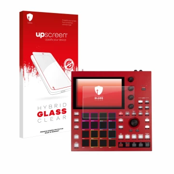 Parte frontal de un envase de producto con el logotipo de la marca upscreen. Al lado se muestra el dispositivo Akai MPC One+ c