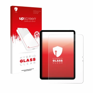 Parte frontal de un envase de producto con el logotipo de la marca upscreen. Al lado se muestra el dispositivo Apple iPad Air 