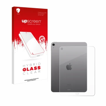 Parte frontal de un envase de producto con el logotipo de la marca upscreen. Al lado se muestra el dispositivo Apple iPad Air 
