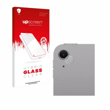 Parte frontal de un envase de producto con el logotipo de la marca upscreen. Al lado se muestra el dispositivo Apple iPad Air 