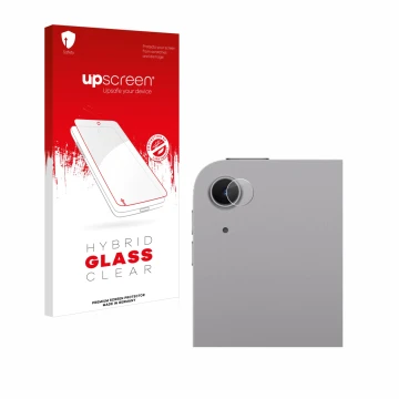 Parte frontal de un envase de producto con el logotipo de la marca upscreen. Al lado se muestra el dispositivo Apple iPad Air 
