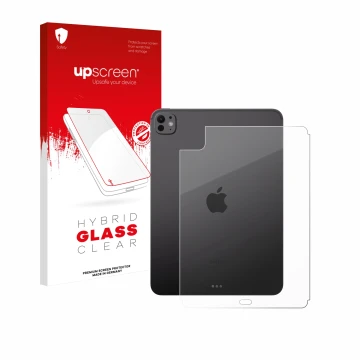 Parte frontal de un envase de producto con el logotipo de la marca upscreen. Al lado se muestra el dispositivo Apple iPad Pro 