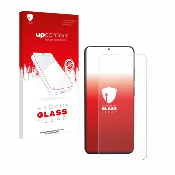 Parte frontal de un envase de producto con el logotipo de la marca upscreen. Al lado se muestra el dispositivo Doogee N55 con 