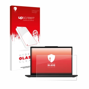 Parte frontal de un envase de producto con el logotipo de la marca upscreen. Al lado se muestra el dispositivo Lenovo ThinkPad