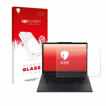 Parte frontal de un envase de producto con el logotipo de la marca upscreen. Al lado se muestra el dispositivo Lenovo ThinkPad