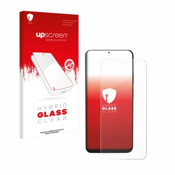 Parte frontal de un envase de producto con el logotipo de la marca upscreen. Al lado se muestra el dispositivo Doogee N55 Pro 