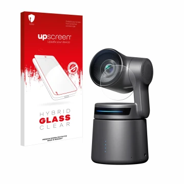 Parte frontal de un envase de producto con el logotipo de la marca upscreen. Al lado se muestra el dispositivo OBSBOT Tail Air