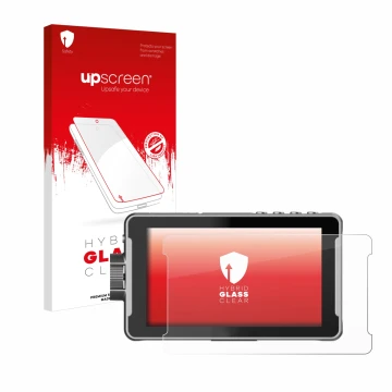 Parte frontal de un envase de producto con el logotipo de la marca upscreen. Al lado se muestra el dispositivo Viltrox DC-550 