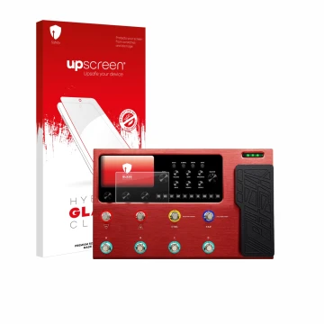 Parte frontal de un envase de producto con el logotipo de la marca upscreen. Al lado se muestra el dispositivo Valeton GP-200R