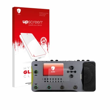 Parte frontal de un envase de producto con el logotipo de la marca upscreen. Al lado se muestra el dispositivo Mooer GE1000 co