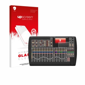 Parte frontal de un envase de producto con el logotipo de la marca upscreen. Al lado se muestra el dispositivo Behringer X32 c