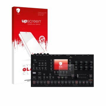 Parte frontal de un envase de producto con el logotipo de la marca upscreen. Al lado se muestra el dispositivo Elektron Octatr