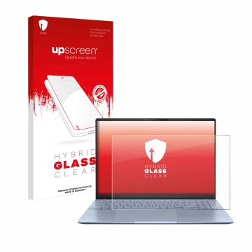 Parte frontal de un envase de producto con el logotipo de la marca upscreen. Al lado se muestra el dispositivo ASUS Vivobook S