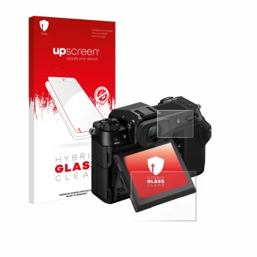 Parte frontal de un envase de producto con el logotipo de la marca upscreen. Al lado se muestra el dispositivo Fujifilm GFX100