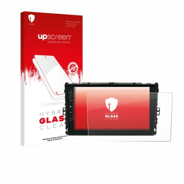 Parte frontal de un envase de producto con el logotipo de la marca upscreen. Al lado se muestra el dispositivo Dynavin D9-T6 c