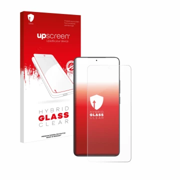 Parte frontal de un envase de producto con el logotipo de la marca upscreen. Al lado se muestra el dispositivo Xiaomi Poco F6 