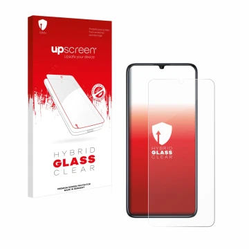 Parte frontal de un envase de producto con el logotipo de la marca upscreen. Al lado se muestra el dispositivo Oukitel C51 con