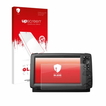 Parte frontal de un envase de producto con el logotipo de la marca upscreen. Al lado se muestra el dispositivo Lowrance HOOK R