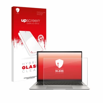 Parte frontal de un envase de producto con el logotipo de la marca upscreen. Al lado se muestra el dispositivo ASUS ZenBook S 