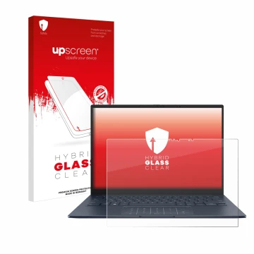 Parte frontal de un envase de producto con el logotipo de la marca upscreen. Al lado se muestra el dispositivo ASUS ZenBook 14