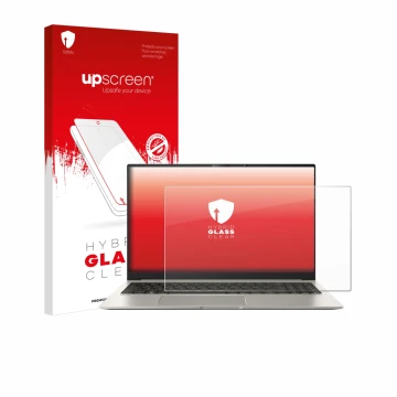 Parte frontal de un envase de producto con el logotipo de la marca upscreen. Al lado se muestra el dispositivo ASUS ZenBook 15