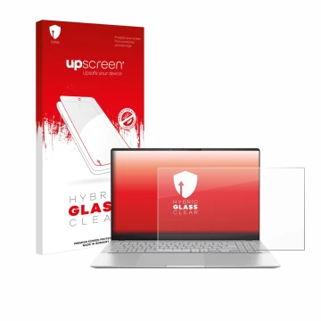 Parte frontal de un envase de producto con el logotipo de la marca upscreen. Al lado se muestra el dispositivo ASUS Vivobook S