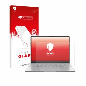 Parte frontal de un envase de producto con el logotipo de la marca upscreen. Al lado se muestra el dispositivo ASUS Vivobook S