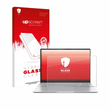 Parte frontal de un envase de producto con el logotipo de la marca upscreen. Al lado se muestra el dispositivo ASUS Vivobook S