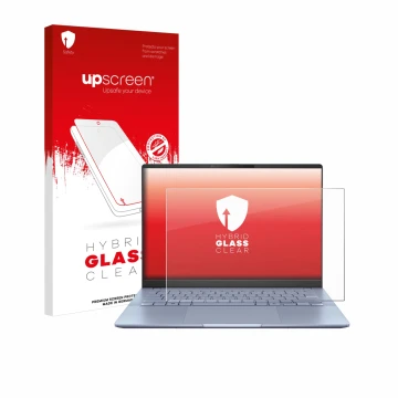 Parte frontal de un envase de producto con el logotipo de la marca upscreen. Al lado se muestra el dispositivo ASUS Vivobook S