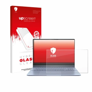 Parte frontal de un envase de producto con el logotipo de la marca upscreen. Al lado se muestra el dispositivo ASUS Vivobook S