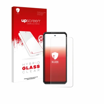 Parte frontal de un envase de producto con el logotipo de la marca upscreen. Al lado se muestra el dispositivo Ulefone Armor 2