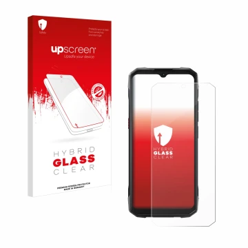 Parte frontal de un envase de producto con el logotipo de la marca upscreen. Al lado se muestra el dispositivo Hotwav Cyber 15