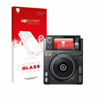 Parte frontal de un envase de producto con el logotipo de la marca upscreen. Al lado se muestra el dispositivo Pioneer XDJ -10