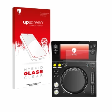 Parte frontal de un envase de producto con el logotipo de la marca upscreen. Al lado se muestra el dispositivo Pioneer XDJ -70