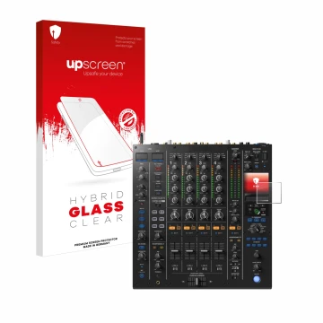 Parte frontal de un envase de producto con el logotipo de la marca upscreen. Al lado se muestra el dispositivo Pioneer DJM A9 