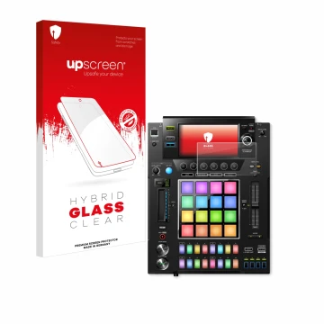 Parte frontal de un envase de producto con el logotipo de la marca upscreen. Al lado se muestra el dispositivo Pioneer DJS -10