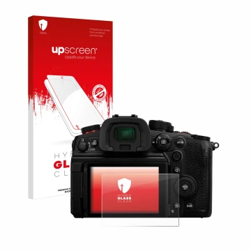 Parte frontal de un envase de producto con el logotipo de la marca upscreen. Al lado se muestra el dispositivo Panasonic Lumix