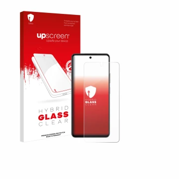Parte frontal de un envase de producto con el logotipo de la marca upscreen. Al lado se muestra el dispositivo Oppo A79 5G con