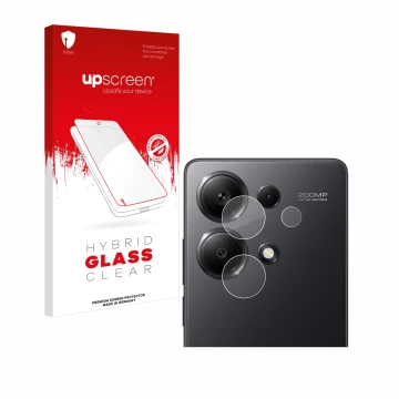 Parte frontal de un envase de producto con el logotipo de la marca upscreen. Al lado se muestra el dispositivo Xiaomi Redmi No