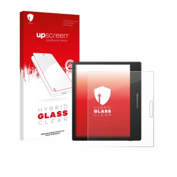 Parte frontal de un envase de producto con el logotipo de la marca upscreen. Al lado se muestra el dispositivo Boox Go Color 7