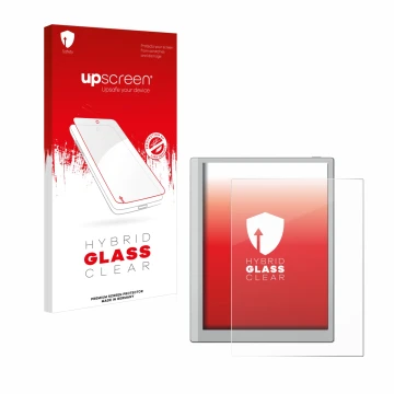 Parte frontal de un envase de producto con el logotipo de la marca upscreen. Al lado se muestra el dispositivo Boox Go 10.3 co