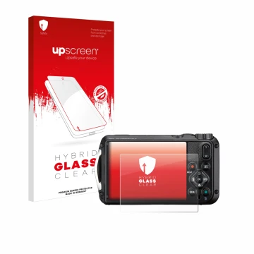 Parte frontal de un envase de producto con el logotipo de la marca upscreen. Al lado se muestra el dispositivo Ricoh Pentax WG